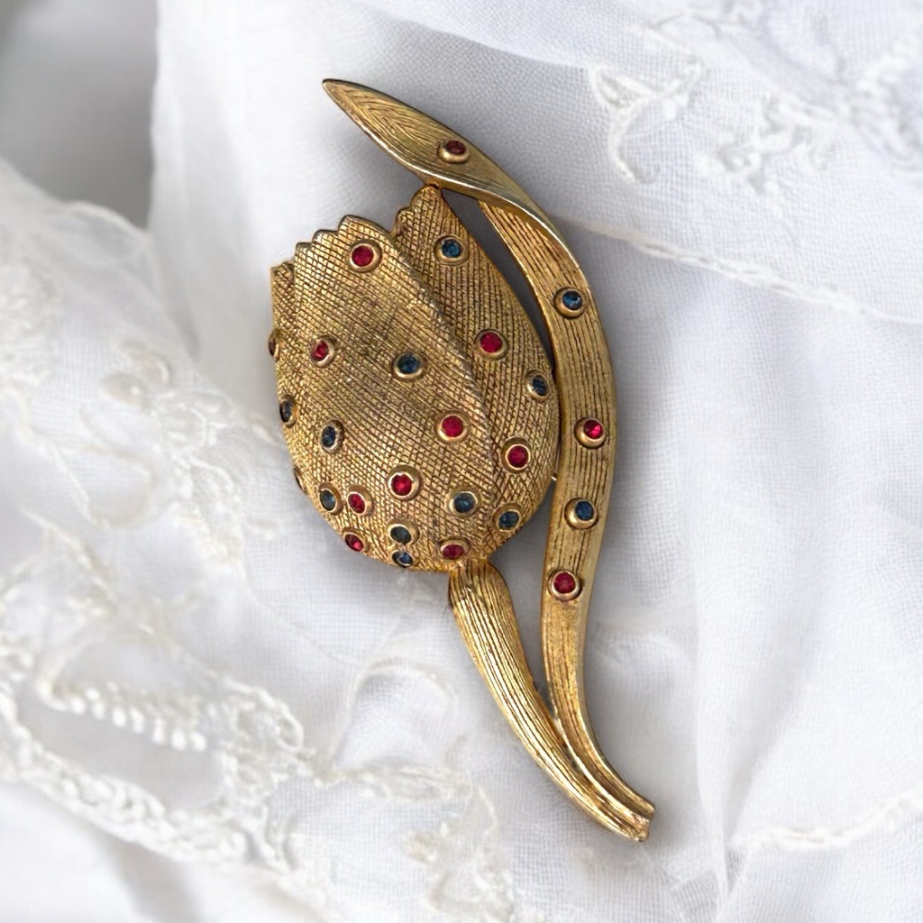 Vintage Signed Ciner Gold And Rhinestone Flower Brooch Pin Blue Pink Crystals 3”